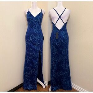 Lulus Blue Floral Sequin Lace Maxi Dress V-Neck Backless Side Slit Small NWT